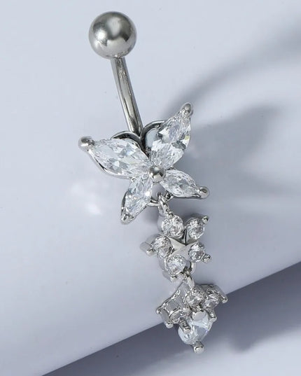 Unique Zircon Butterfly Belly Button Ring Long Chain Elegant Body Piercing Jewelry Curved Barbell Stainless Steel