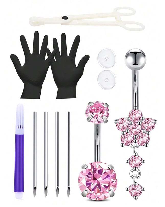 Belly Piercing Kit 12Pcs Belly Button Piercing Kit Includes 2Pcs 14G Belly Button Rings 1Pc Piercing Clamp 4Pc Piercing Needles