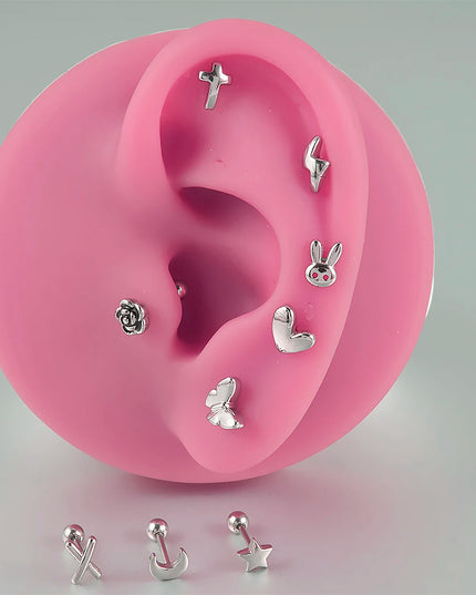 Surgical Steel Ear Barbell Helix Piercing Cartilage Ear Lobe Tragus Stud Earring Heart Rabbit Moon Rose Cross Earring Jewelry