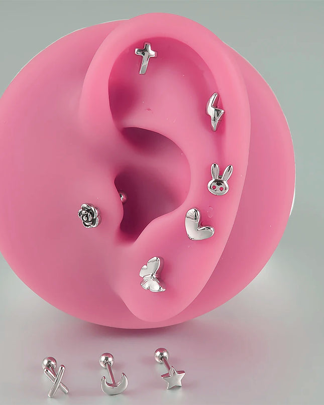 Surgical Steel Ear Barbell Helix Piercing Cartilage Ear Lobe Tragus Stud Earring Heart Rabbit Moon Rose Cross Earring Jewelry