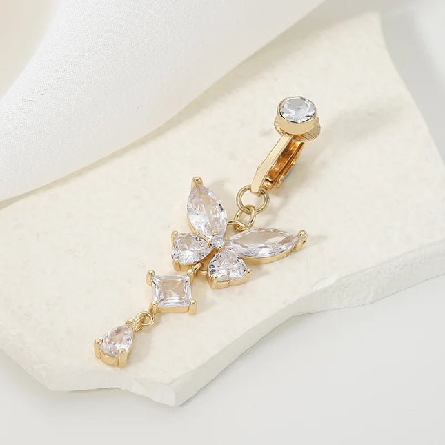Clip On Belly Button Ring Butterfly Shape Copper Zircon Fake Belly Piercing Umbilical Navel Body Jewelry Trendy Fashion Style