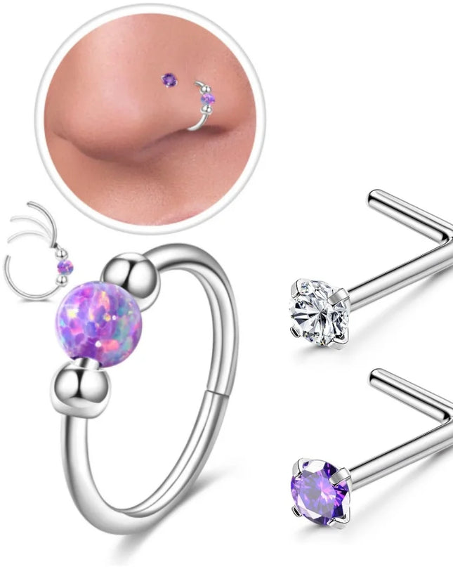 316L Stainless Steel Opal Bead Nose Ring Hoop L-Shaped CZ Nose Stud Set Septum Piercing Nose Jewelry