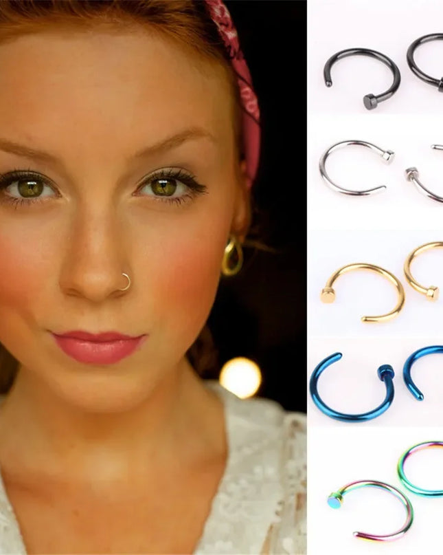 2PCS Stainlees Steel C Shape Nose Ring Women Girls Fake Piercing Hoop Stud Female Body Jewelry Party Gift