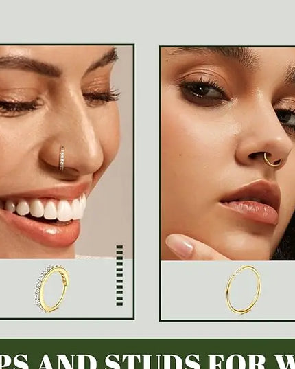 Florideco 14K Gold Plated Nose Rings for Women Men 20G Stainless Steel Nose Rings Hoops L Shaped Studs Nostril Piercings Jewelry