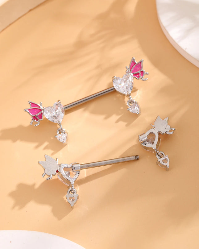 A Pair Cute Heart Dangled Nipple Piercings Barbell for Women Pink Color Moon Butterfly Shaped Sexy Nipple Rings Shield Bar Sets