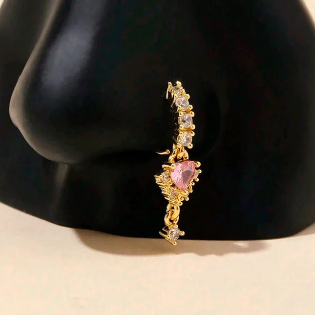1 L-shaped heart-shaped CZ nose nail, shiny cubic zirconia cute perforated nose ring, silver and gold, suitable for women