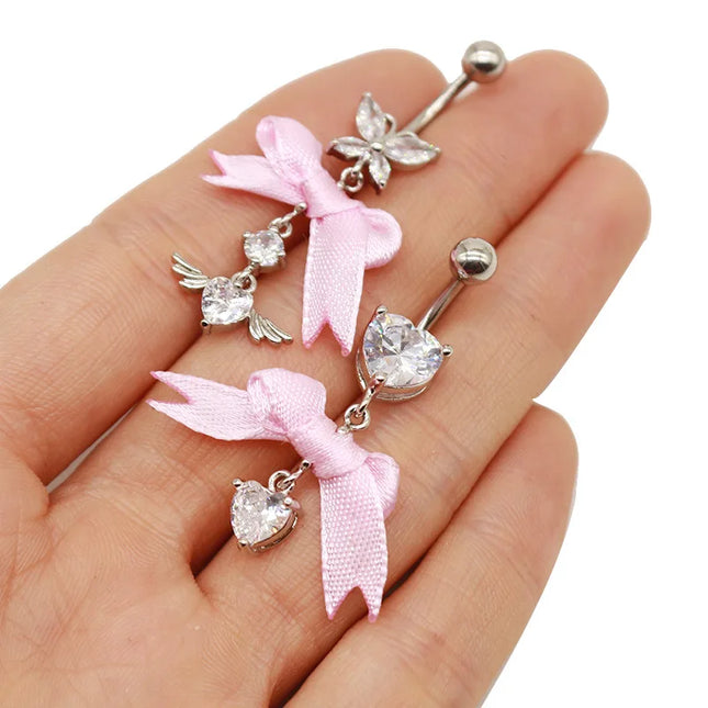 Beautiful Bow Belly Button Ring for Women Heart-shaped Belly Piercing Jewerly Surgical Steel Body Piercing Jewelry