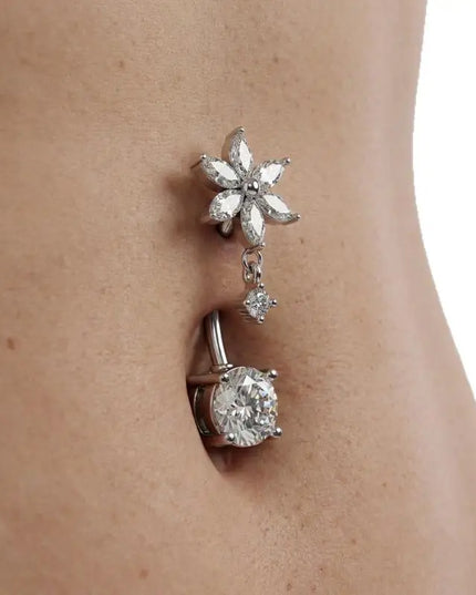 1 Pcs Stainless Steel Belly Button Rings With Shiny Butterfly Flower Dangle For Daily Wear Beach Party Piercing Jewelry Gift