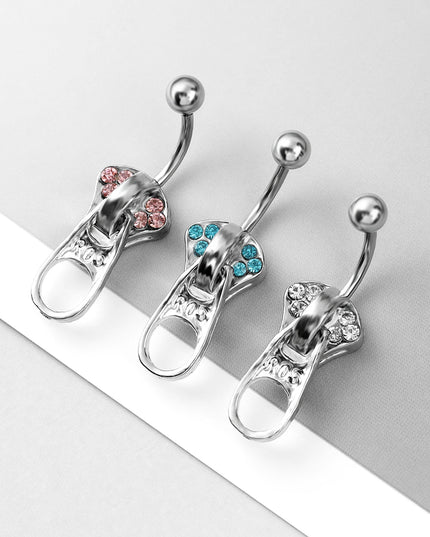 MODRSA 1PC Stainless Steel Belly Button Piercing Punk Crystal Zipper Navel Ring Creative Dangle Belly Piercing Jewelry