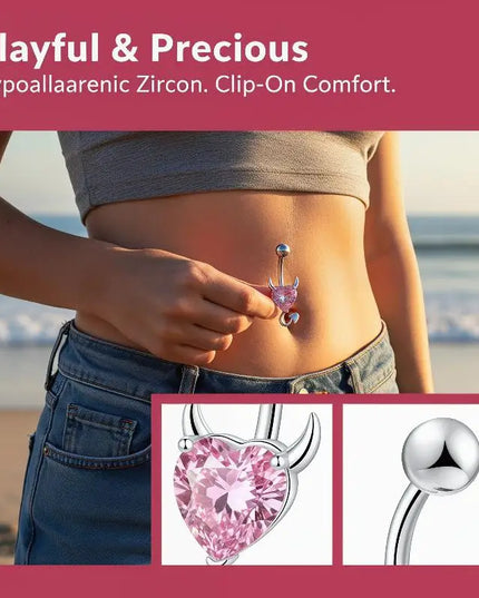 Steel Belly Button Ring Cute Devil Heart Cubic Zirconia Inlaid Hypoallergenic Navel Ring for Teen Girls Daily Use