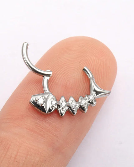 G23 Titanium Fishbone Spike Nose Ring Hinged Clicker Septem Piercing Gothic Zircon Anodized Segment Hoop Ring Daith Earring