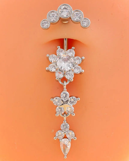 Golden Belly Button Rings 316L Surgical Steel Drop Dangle Navel Ring Flower Zircon Crystal Navel Belly Piercing Fashion Jewelry