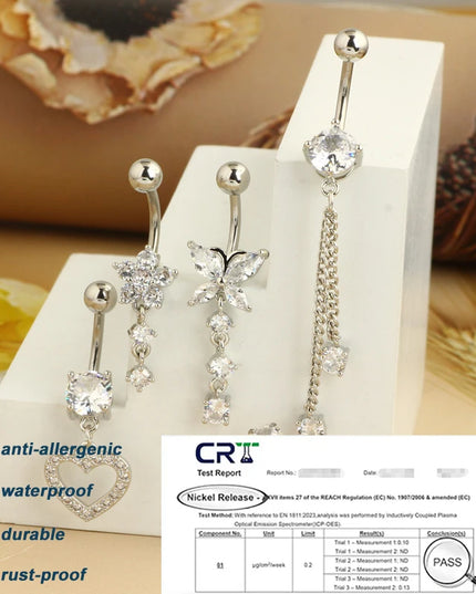 Dangle Belly Button Rings, 14G 316L Stainless Surgical Steel Cubic Zirconia Butterfly Heart Navel Ring Piercing Jewelry Barbells