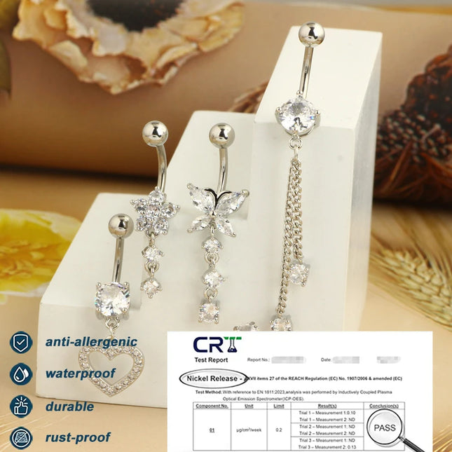 Dangle Belly Button Rings, 14G 316L Stainless Surgical Steel Cubic Zirconia Butterfly Heart Navel Ring Piercing Jewelry Barbells