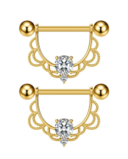 2PCS Both Sides Screwed Heart Nipple Piercings 5 Crystal CZs Nipple Ring Nipple Shield Barbell for Women Body Piercing Nombril
