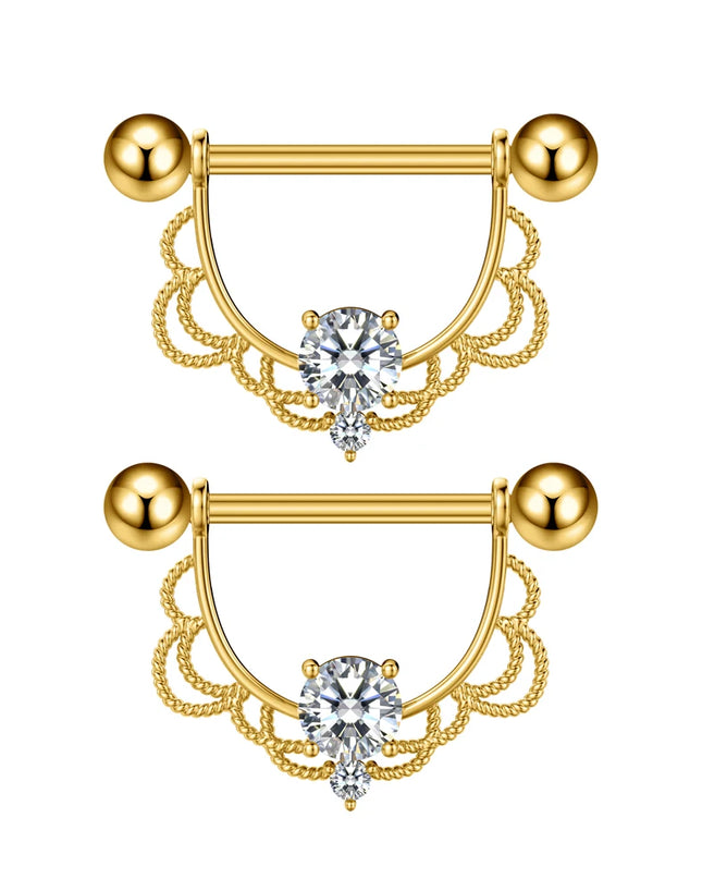 2PCS Both Sides Screwed Heart Nipple Piercings 5 Crystal CZs Nipple Ring Nipple Shield Barbell for Women Body Piercing Nombril
