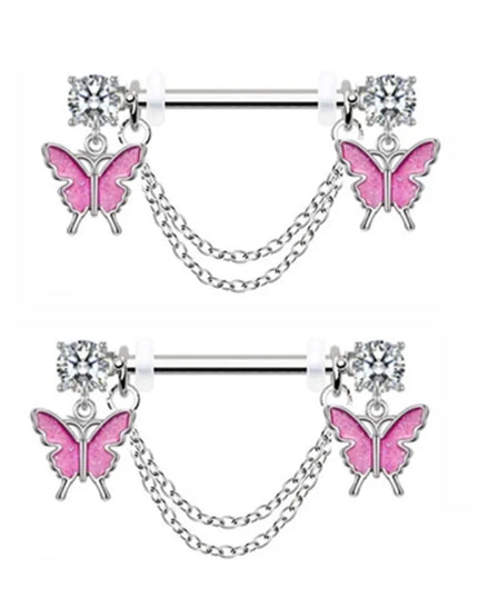 1Pair Pink Butterfly Nipple Piercing Jewelry Shiny Crystal Nipple Rings For Women Girls Heart Nipple Barbells Piercing Pezon