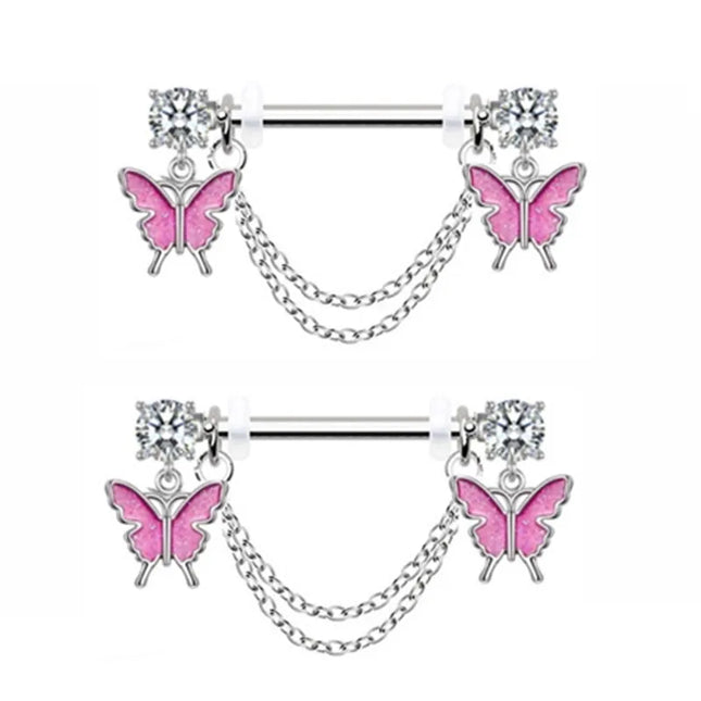 1Pair Pink Butterfly Nipple Piercing Jewelry Shiny Crystal Nipple Rings For Women Girls Heart Nipple Barbells Piercing Pezon