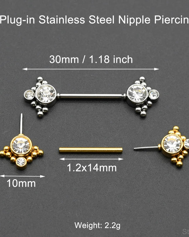 1 Pair 16G 1.2x14mm Plug-in Stainless Steel Barbell Piercing Sexy Women Nipple Piercing Jewelry Unthreaded Nipple Rings No Screw