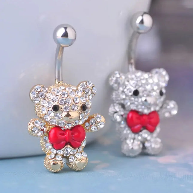 Blucome Red Bow Tie Little Bear Belly Button Rings Body Piercing Jewelry Women 316L Surgical Steel Piercing 14G 1.6mm Bar