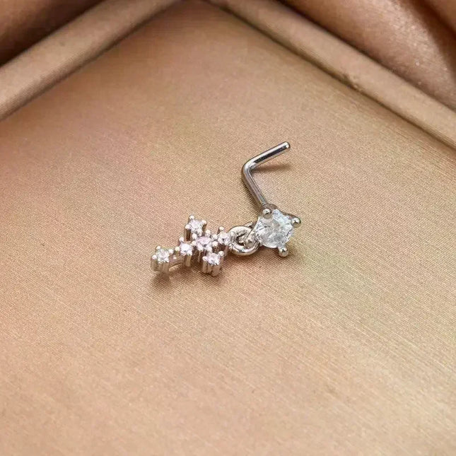 Dangle Nose Rings For Women Cross Zircon Nose Piercing Jewelry L Shape Nose Studs Body Jewelry Accessories
