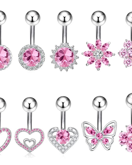 Sexy Pink Zircon Heart Belly Button Rings For Women Girls Fashion Stainless Steel Heart Navel Piercing Barbell Cute Belly Rings