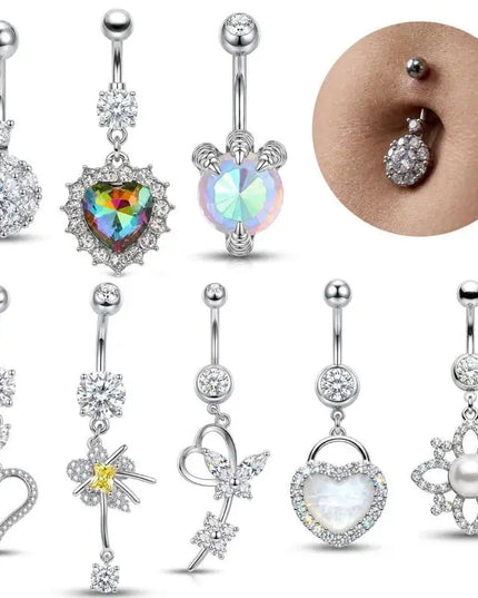 Stainless Steel Dangle Belly Button Rings For Women Shiny Cubic Zirconia Heart Butterfly Flower Navel Piercing Jewelry For Daily