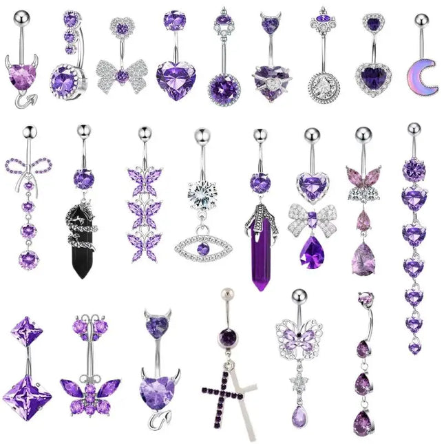 Belly Button Rings Mixed Purple Zircon Dangle Design Stainless Steel Durable Navel Rings for Daily Outfit Matching