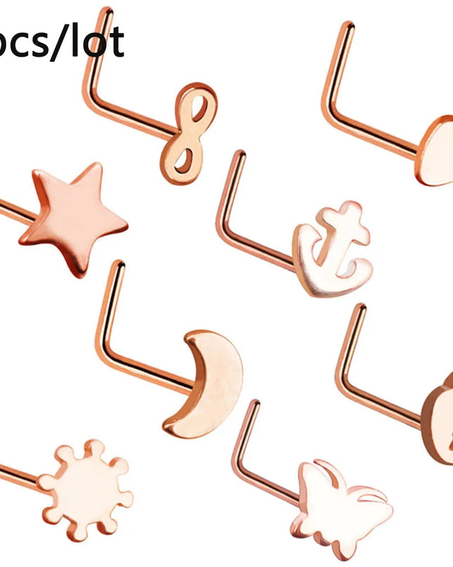 3/4/5/8/10/15/30pcs/lot Fake Nose Studs Ring Piercing Sets L-S-Shaped Curved Nose Rings Pack Steel Star Heart Moon Nose Jewelry