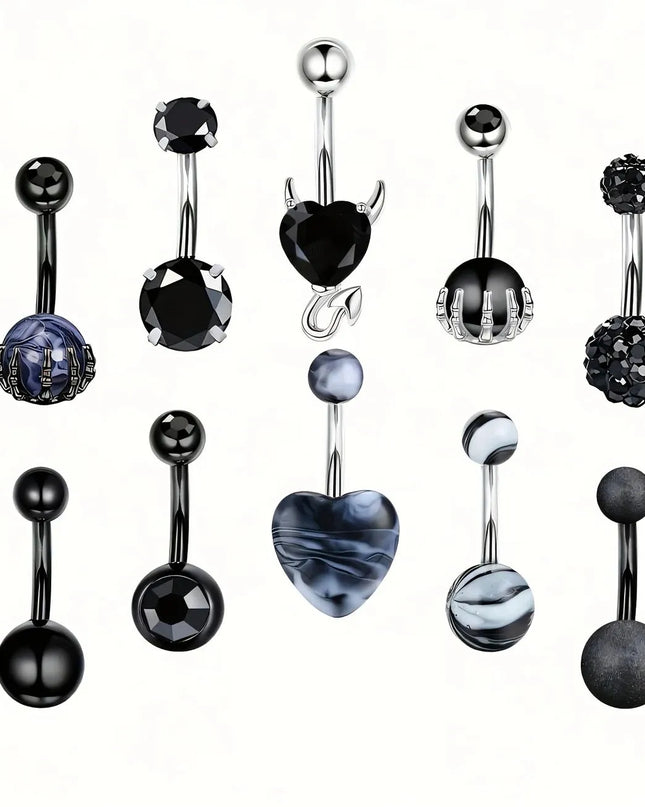 Black Belly Button Rings 10mm Surgical Steel 14G Belly Navel Rings Heart Zircon Crystal Turquoise Acrylic Belly Piercing Jewelry