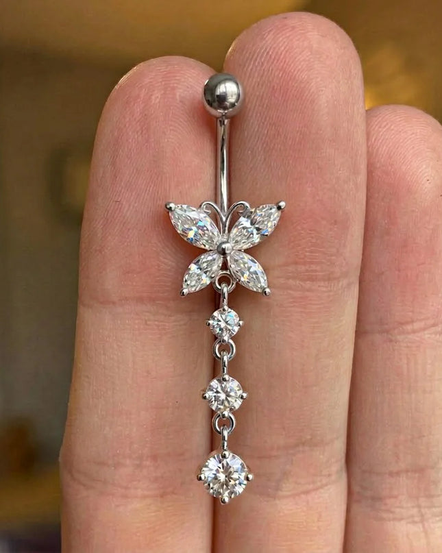 316L Stainless Steel Belly Button Ring Set Gold Color Butterfly Flower Heart Dangle Navel Piercing Jewelry for Women Fashion Bel