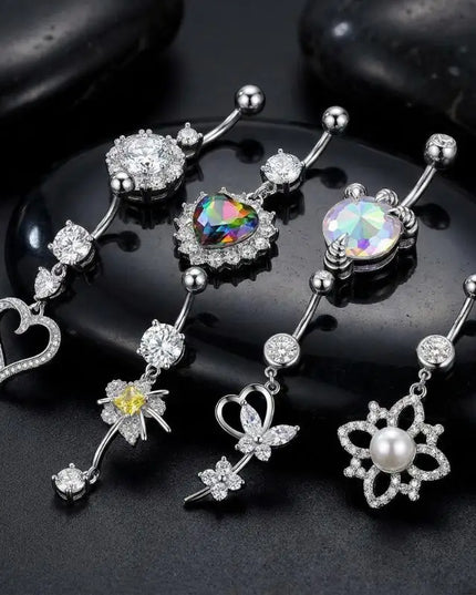 Stainless Steel Dangle Belly Button Rings For Women Shiny Cubic Zirconia Heart Butterfly Flower Navel Piercing Jewelry For Daily