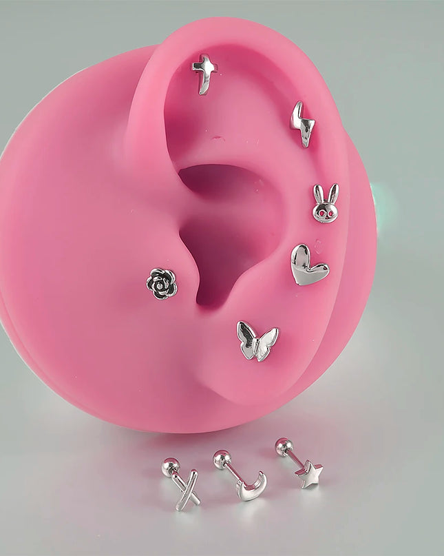 Surgical Steel Ear Barbell Helix Piercing Cartilage Ear Lobe Tragus Stud Earring Heart Rabbit Moon Rose Cross Earring Jewelry