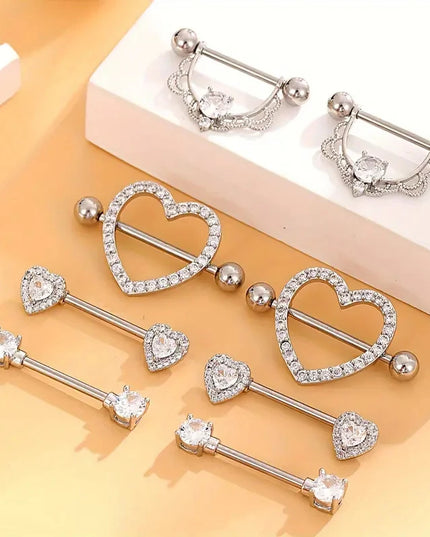1 Pair/4 Pairs Stainless Steel Shield Bar Barbell Nipple Piercing Jewelry for Women Sexy Heart CZ Crystal Barbell Nipple Rings