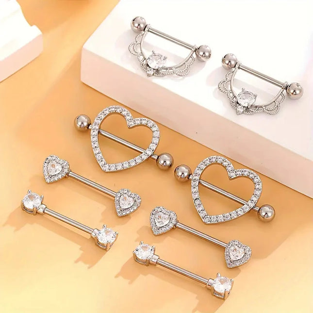 1 Pair/4 Pairs Stainless Steel Shield Bar Barbell Nipple Piercing Jewelry for Women Sexy Heart CZ Crystal Barbell Nipple Rings