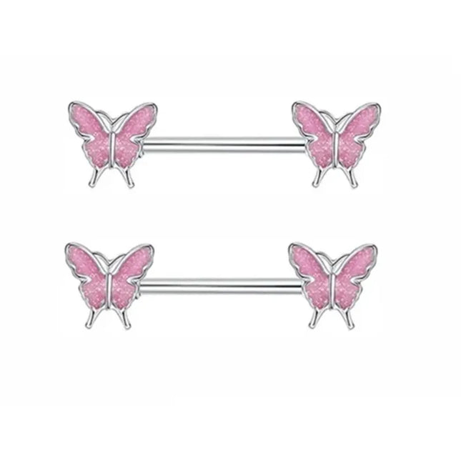 1Pair Pink Butterfly Nipple Piercing Jewelry Shiny Crystal Nipple Rings For Women Girls Heart Nipple Barbells Piercing Pezon