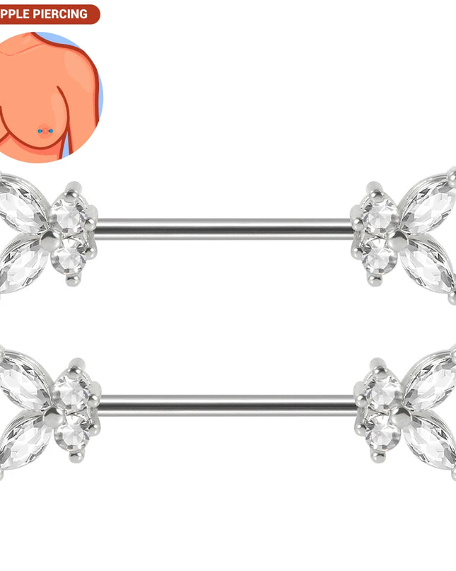 1pair Nipple Piercing Stainless Steel Nipple Rings CZ Butterfly Heart Nipple Barbell For Women Girls 16G Body Piercing Jewelry