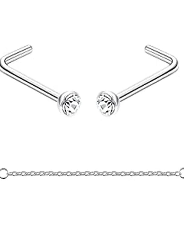 Nose Rings Chain Piercing Across Double with Chain Studs with Chain 20G Piercing Stud Nostril Jewelry for Women Men