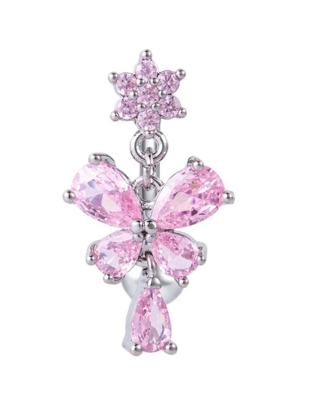 Zircon Bow Belly Button Rings Flower Head Butterfly Design Dangle Belly Rings 316 Stainless Steel Cute Reversed Navel Rings
