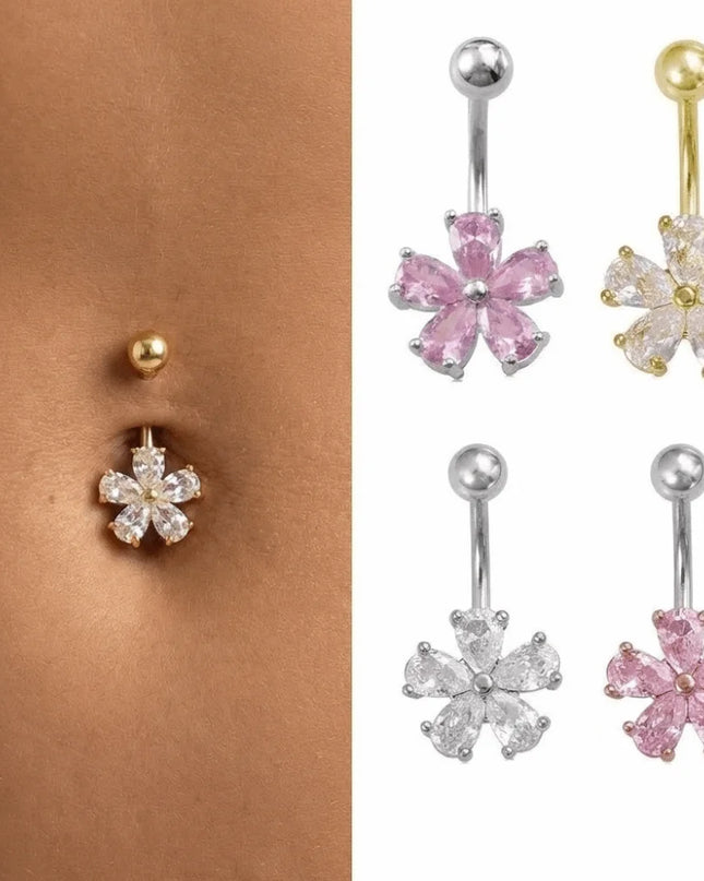 Beach Simple Belly Button Rings Stainless Steel Flower Navel Ring Crystal Zircon Body Piercing Jewelry For Women