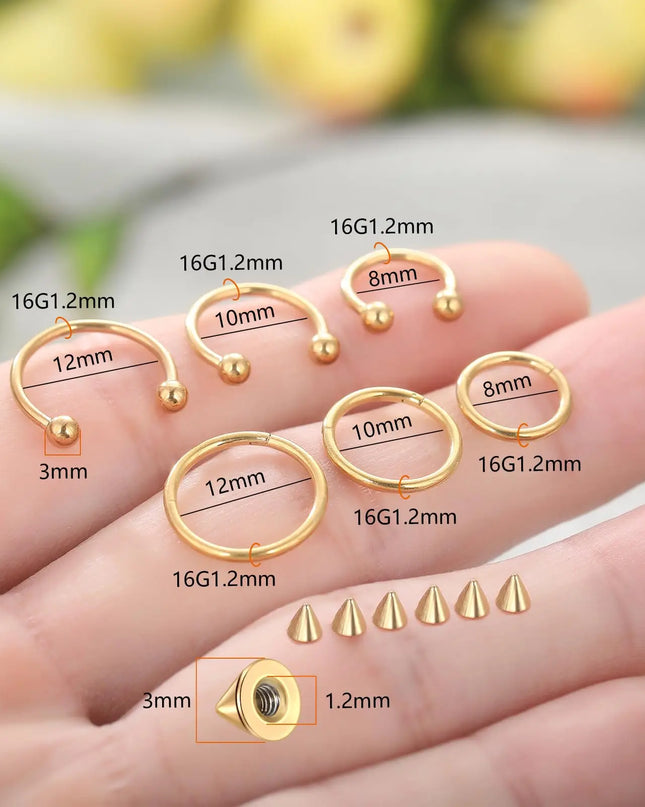 1/6/12PCS Nose Septum Rings 16G Surgical Steel Nose Piercing Jewelry 8mm 10mm 12mm Horseshoe Lip Earring Eyebrow Hoop Gold