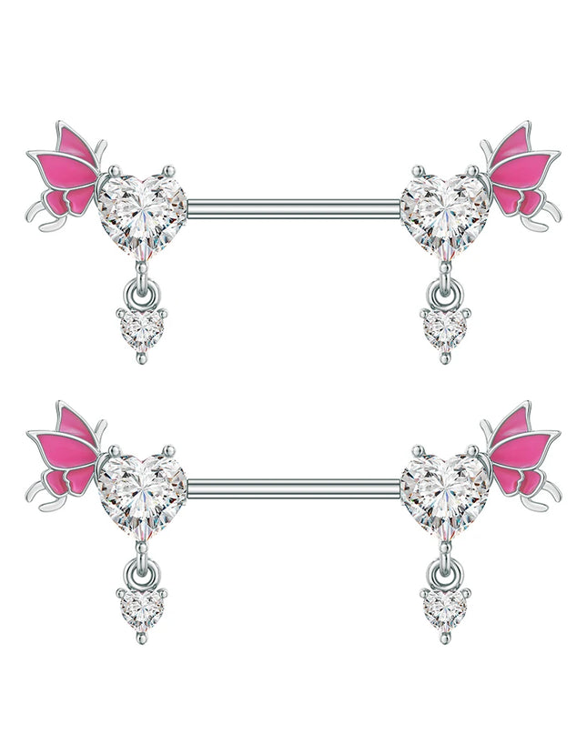 A Pair Cute Heart Dangled Nipple Piercings Barbell for Women Pink Color Moon Butterfly Shaped Sexy Nipple Rings Shield Bar Sets