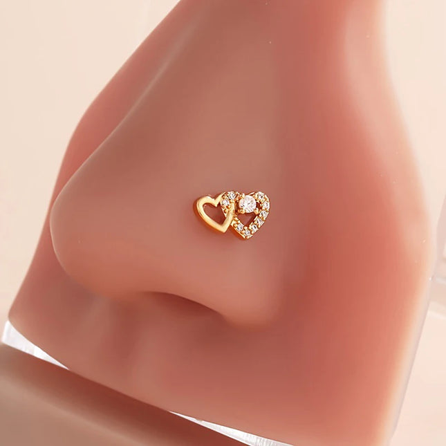 Fashion L Shaped Nose Studs Rings Cute Shiny Double Heart Nose Ring For Women Girls Body Piercing Jewelry Versatile Nose Ring