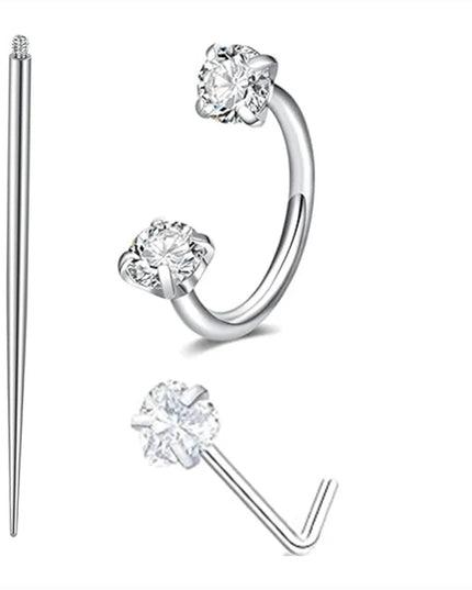 6/2pcs Horseshoe Nose Rings With L-Shape Nose Stud, Stainless Steel Rianbow CZ Nose Ring,, Lip Eyebrow Helix Ear Piercing