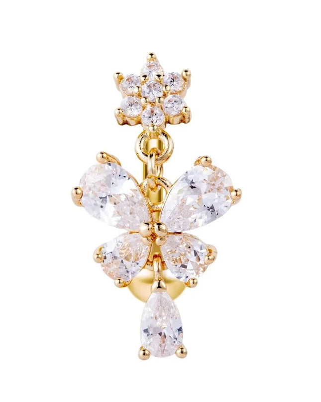 Zircon Bow Belly Button Rings Flower Head Butterfly Design Dangle Belly Rings 316 Stainless Steel Cute Reversed Navel Rings