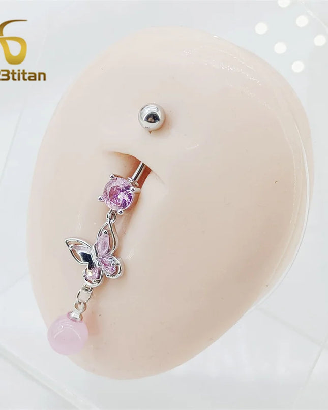 Long Belly Button Rings for Women 14G Titanium Bar Butterfly Heart Charms Dangle Navel Piercing Jewelry Beach Sexy Accessories