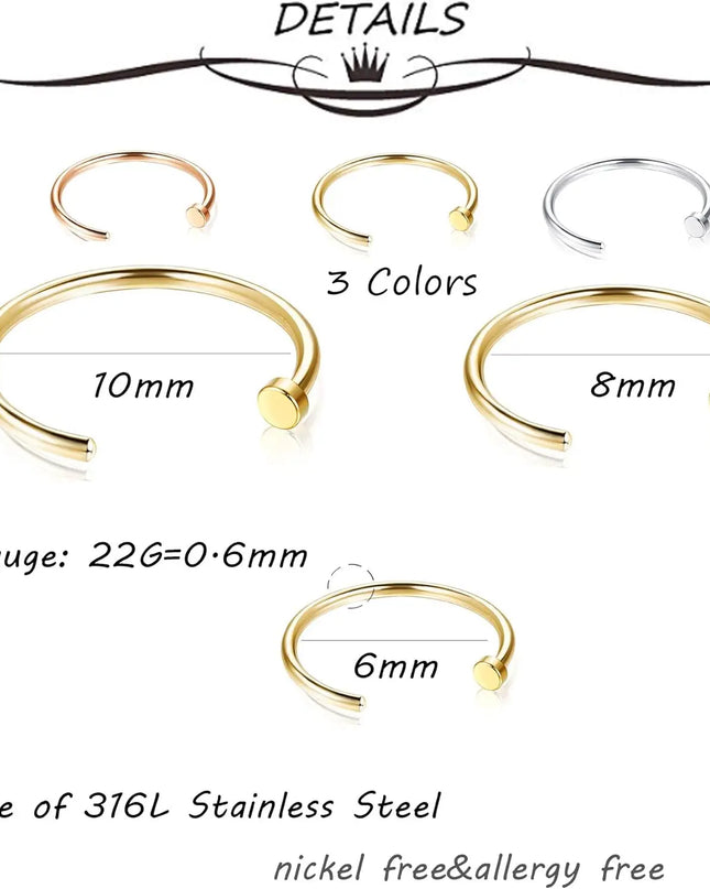 FASACCO 22G Surgical Steel Nose Rings Hoop for Men Women C-Shape Flat Thin Nose Ring Cartilage Tragus Ear Body Piercing Jewelry