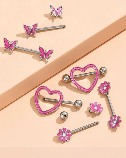 Stainless Steel Heart Nipple Piercing Rings Sets 14G Crystal Tongue Ring Nipple Barbell Lot Sexy Piercing Nipple Body Jewelry