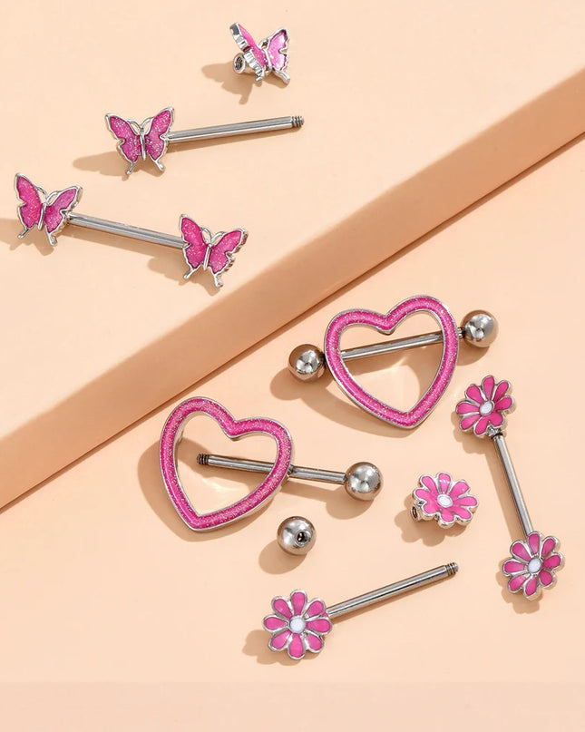 Stainless Steel Heart Nipple Piercing Rings Sets 14G Crystal Tongue Ring Nipple Barbell Lot Sexy Piercing Nipple Body Jewelry