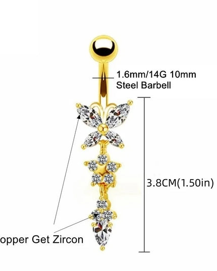 Unique Zircon Butterfly Belly Button Ring Elegant Long Chain Body Piercing Jewelry Stainless Steel Curved Barbell